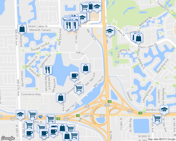 map of restaurants, bars, coffee shops, grocery stores, and more near 14656 Oak Lane in Miami Lakes