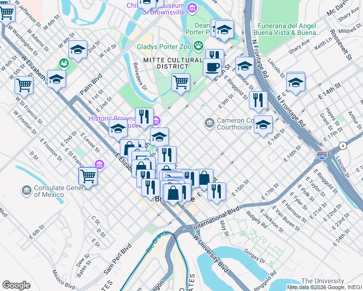 map of restaurants, bars, coffee shops, grocery stores, and more near 833 East Monroe Street in Brownsville