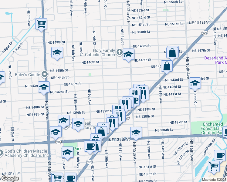 map of restaurants, bars, coffee shops, grocery stores, and more near 1050 Northeast 142nd Street in North Miami