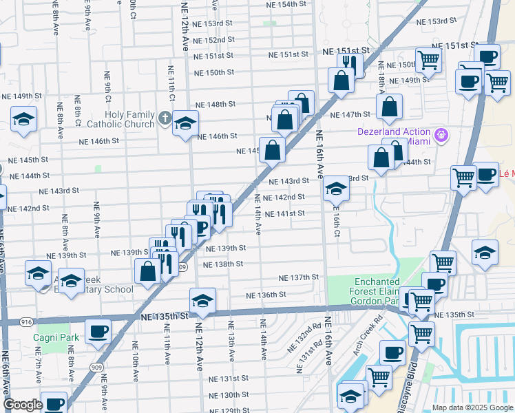map of restaurants, bars, coffee shops, grocery stores, and more near 1425 Northeast 142nd Street in North Miami
