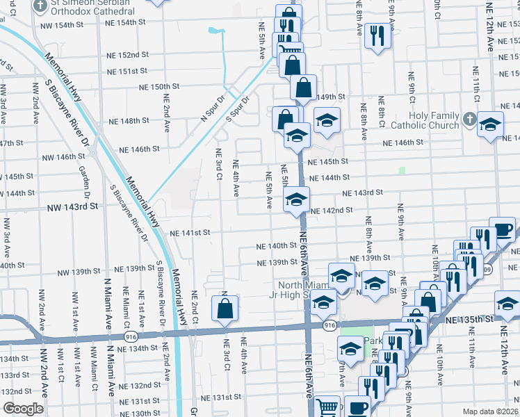 map of restaurants, bars, coffee shops, grocery stores, and more near 450 Northeast 143rd Street in North Miami
