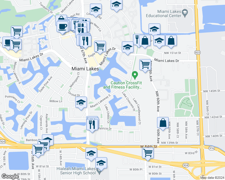 map of restaurants, bars, coffee shops, grocery stores, and more near 14630 Fitzpatrick Road in Miami Lakes