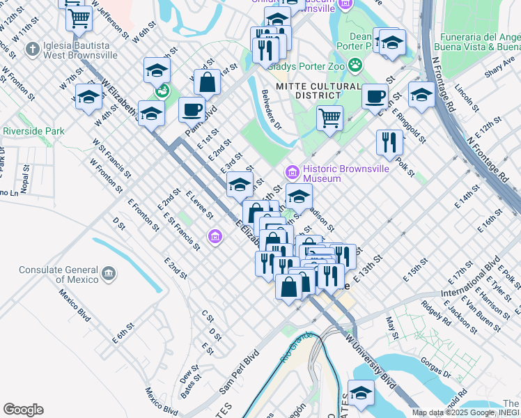 map of restaurants, bars, coffee shops, grocery stores, and more near 512 East Adams Street in Brownsville