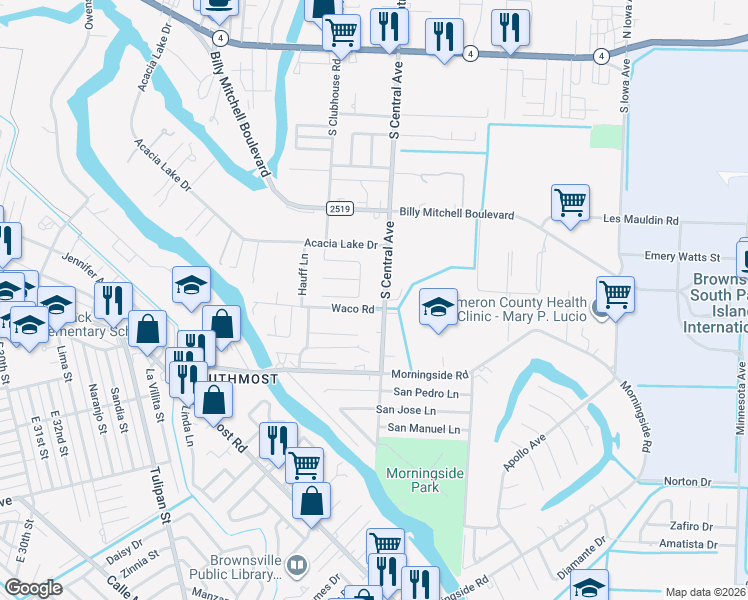 map of restaurants, bars, coffee shops, grocery stores, and more near 162-198 Haggar Drive in Brownsville
