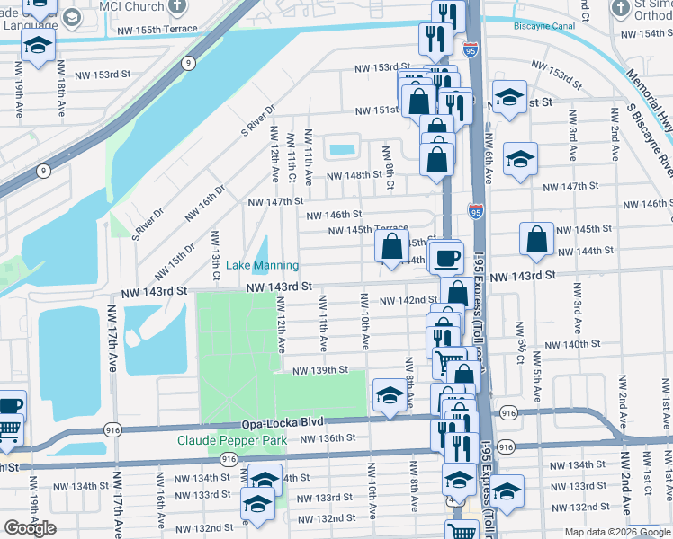 map of restaurants, bars, coffee shops, grocery stores, and more near 1045 Northwest 144th Street in Miami