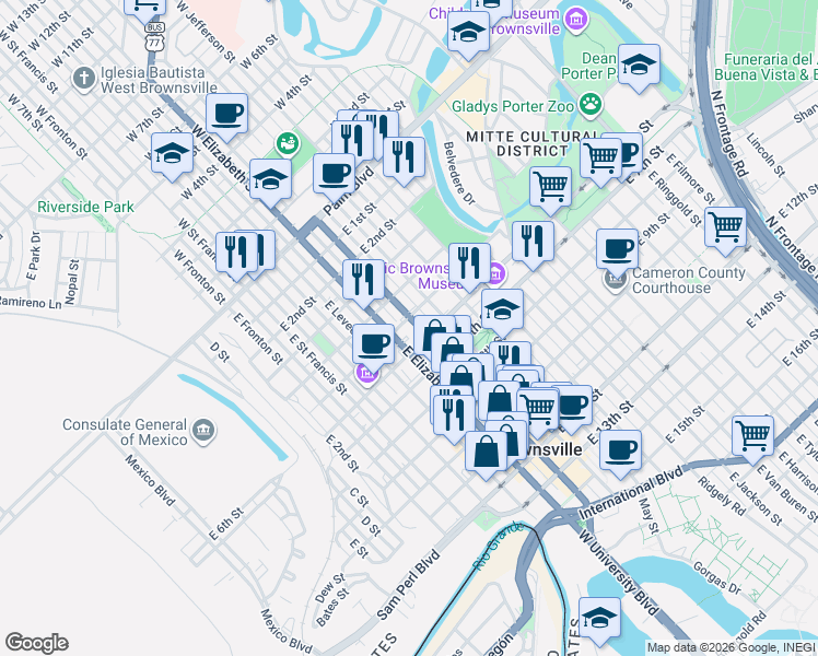 map of restaurants, bars, coffee shops, grocery stores, and more near 404 East Washington Street in Brownsville