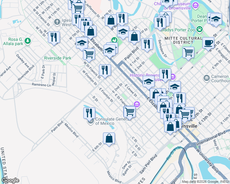 map of restaurants, bars, coffee shops, grocery stores, and more near 135 East Saint Francis Street in Brownsville