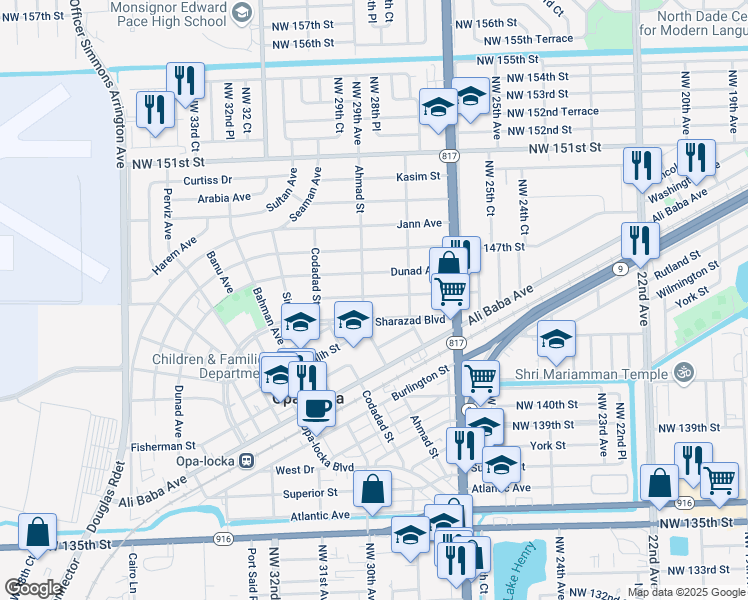 map of restaurants, bars, coffee shops, grocery stores, and more near 1210 Sesame Street in Opa-locka