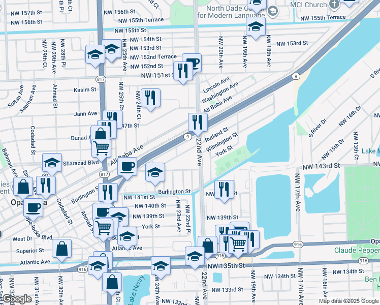 map of restaurants, bars, coffee shops, grocery stores, and more near 2231 Rutland Street in Opa-locka