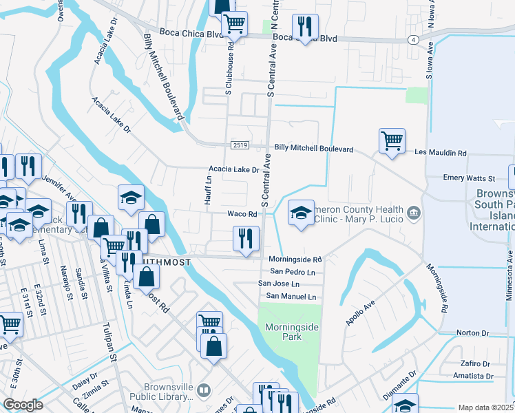 map of restaurants, bars, coffee shops, grocery stores, and more near 162-198 Haggar Drive in Brownsville