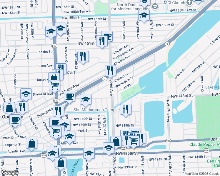 map of restaurants, bars, coffee shops, grocery stores, and more near 14460 Northwest 22nd Avenue in Opa-locka