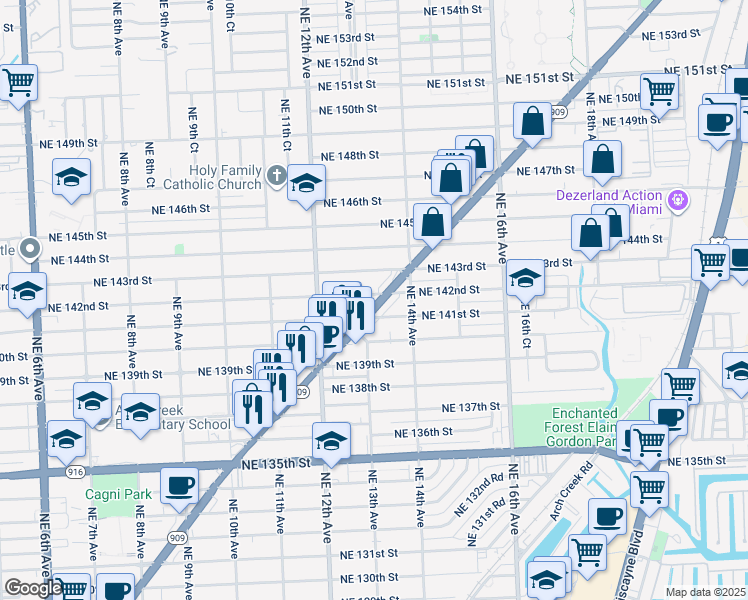 map of restaurants, bars, coffee shops, grocery stores, and more near 14200 Florida 909 in North Miami