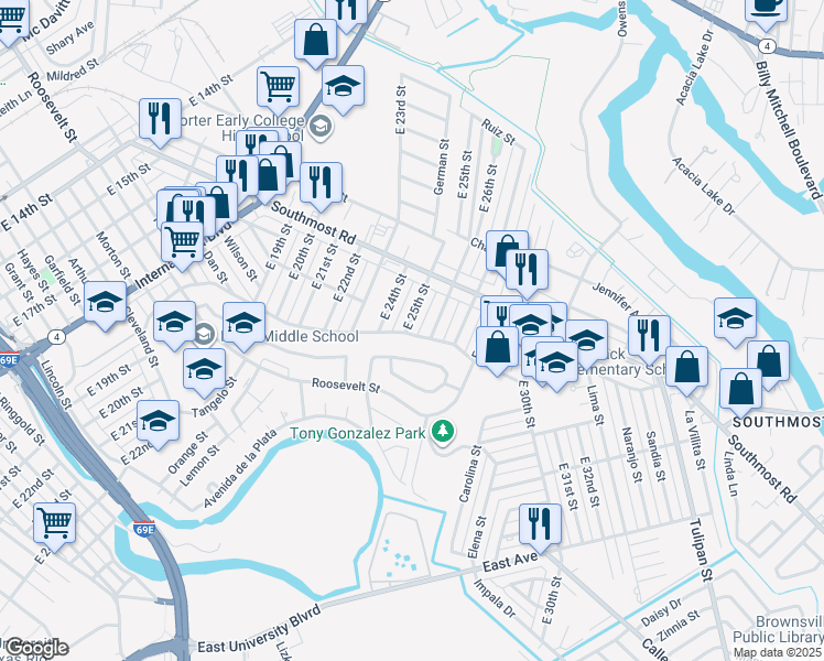 map of restaurants, bars, coffee shops, grocery stores, and more near 3104 East 25th Street in Brownsville