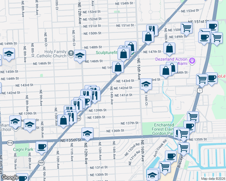map of restaurants, bars, coffee shops, grocery stores, and more near 1425 Northeast 142nd Street in North Miami