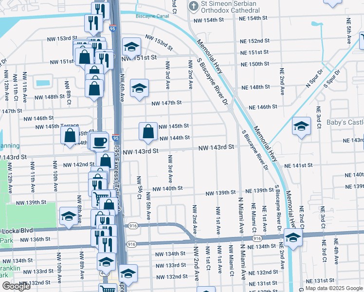 map of restaurants, bars, coffee shops, grocery stores, and more near 241 Northwest 143rd Street in Miami