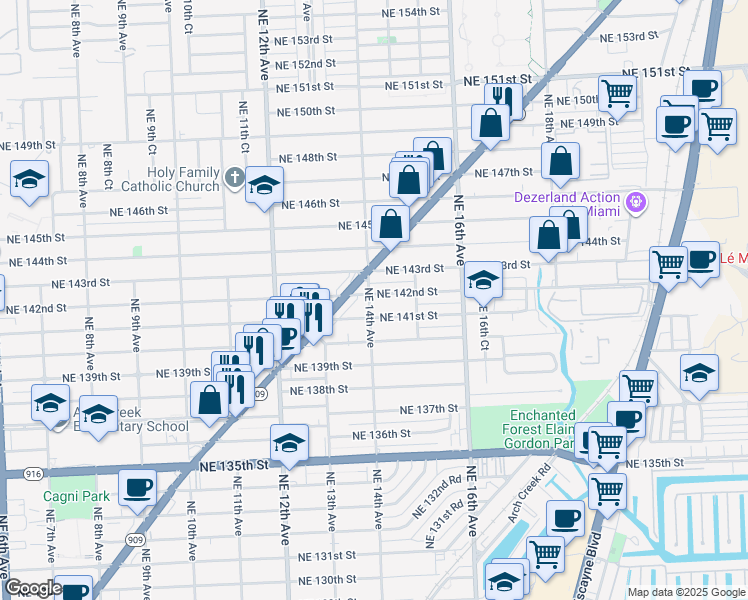 map of restaurants, bars, coffee shops, grocery stores, and more near 1425 Northeast 142nd Street in North Miami