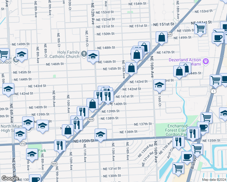 map of restaurants, bars, coffee shops, grocery stores, and more near 14200 Florida 909 in North Miami