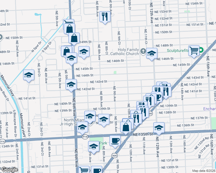 map of restaurants, bars, coffee shops, grocery stores, and more near 830 Northeast 143rd Street in North Miami
