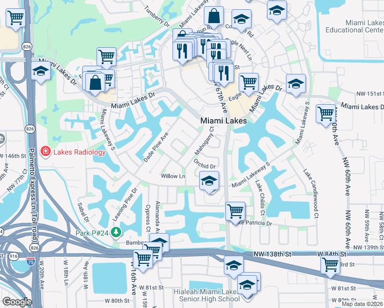 map of restaurants, bars, coffee shops, grocery stores, and more near 14621 Palmetto Palm Avenue in Miami Lakes