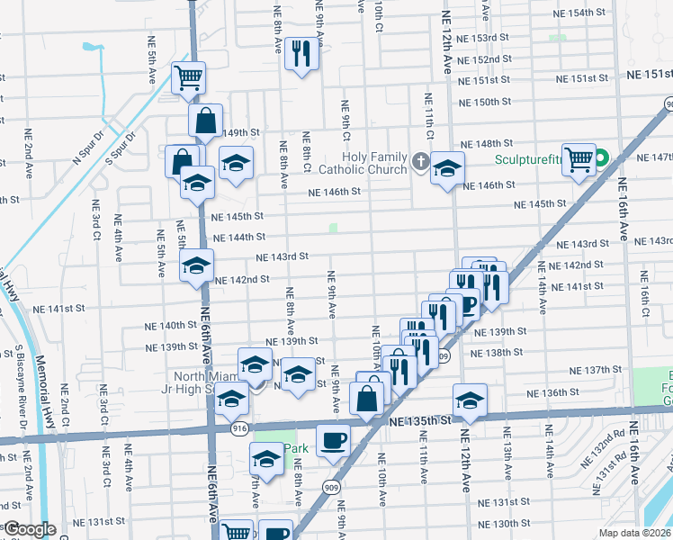 map of restaurants, bars, coffee shops, grocery stores, and more near 14225 Northeast 9th Avenue in North Miami