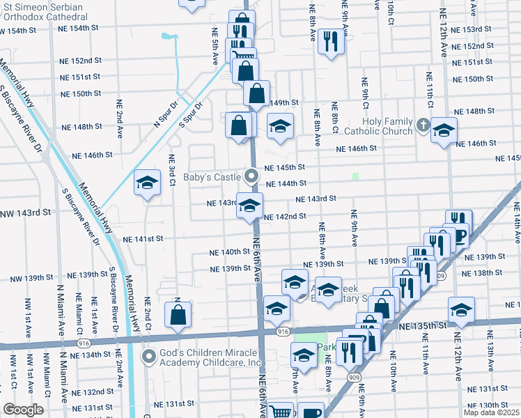 map of restaurants, bars, coffee shops, grocery stores, and more near in North Miami