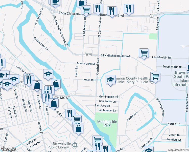 map of restaurants, bars, coffee shops, grocery stores, and more near 162-198 Haggar Drive in Brownsville
