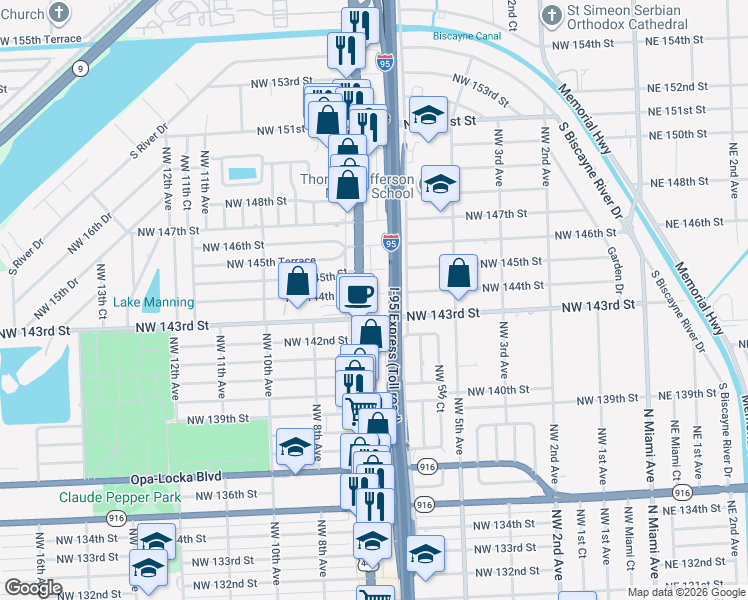map of restaurants, bars, coffee shops, grocery stores, and more near 670 Northwest 144th Street in North Miami