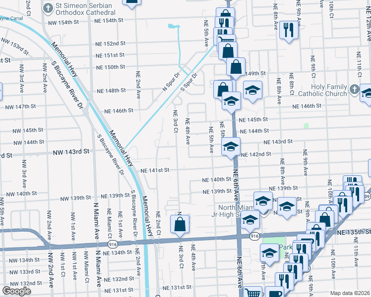 map of restaurants, bars, coffee shops, grocery stores, and more near 14290 Northeast 4th Avenue in Miami
