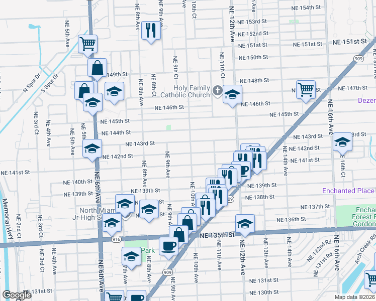 map of restaurants, bars, coffee shops, grocery stores, and more near 14210 Northeast 10th Avenue in North Miami