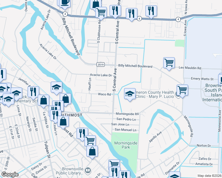 map of restaurants, bars, coffee shops, grocery stores, and more near 162-198 Haggar Drive in Brownsville
