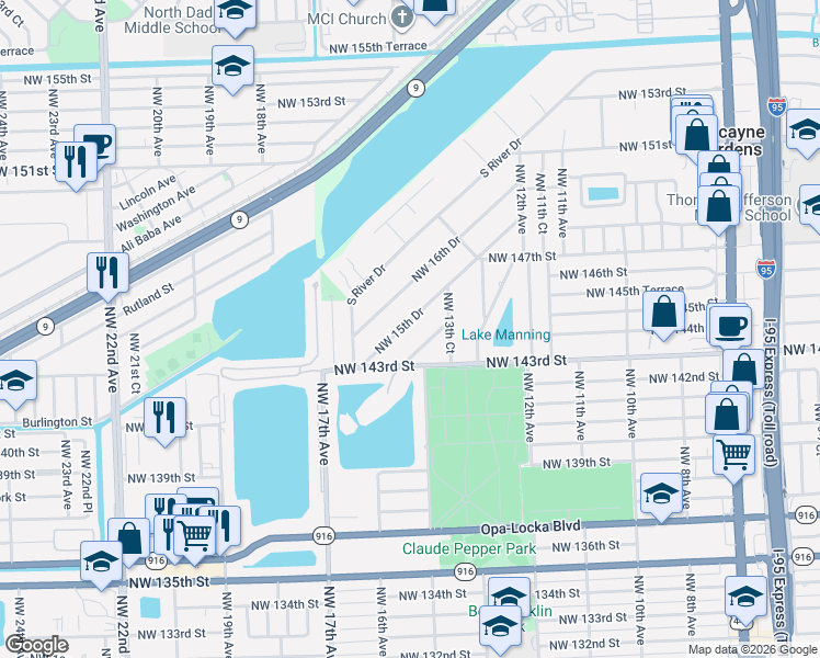 map of restaurants, bars, coffee shops, grocery stores, and more near 14420 Northwest 15th Drive in Miami