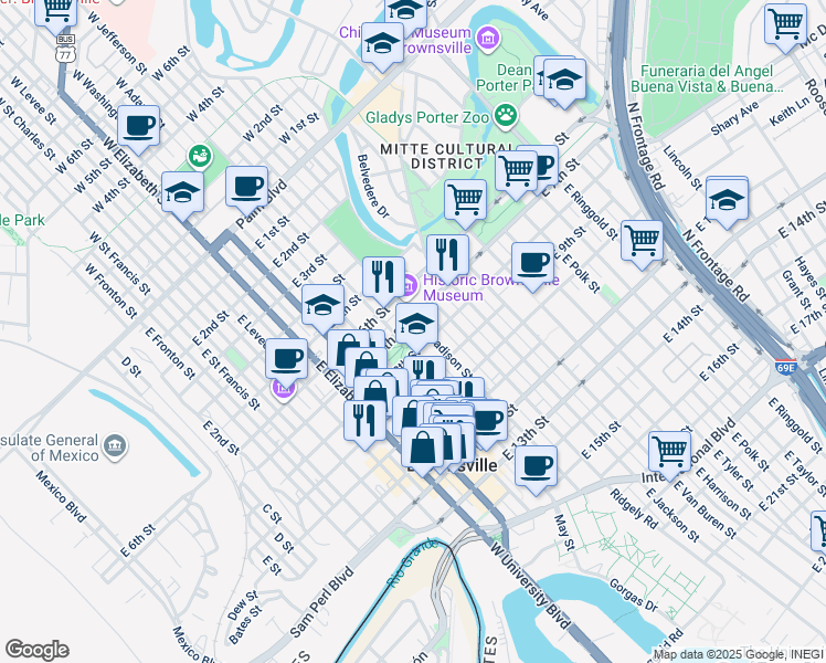 map of restaurants, bars, coffee shops, grocery stores, and more near 700 East Madison Street in Brownsville