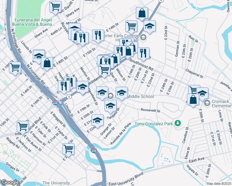 map of restaurants, bars, coffee shops, grocery stores, and more near 2030 Johnson Street in Brownsville