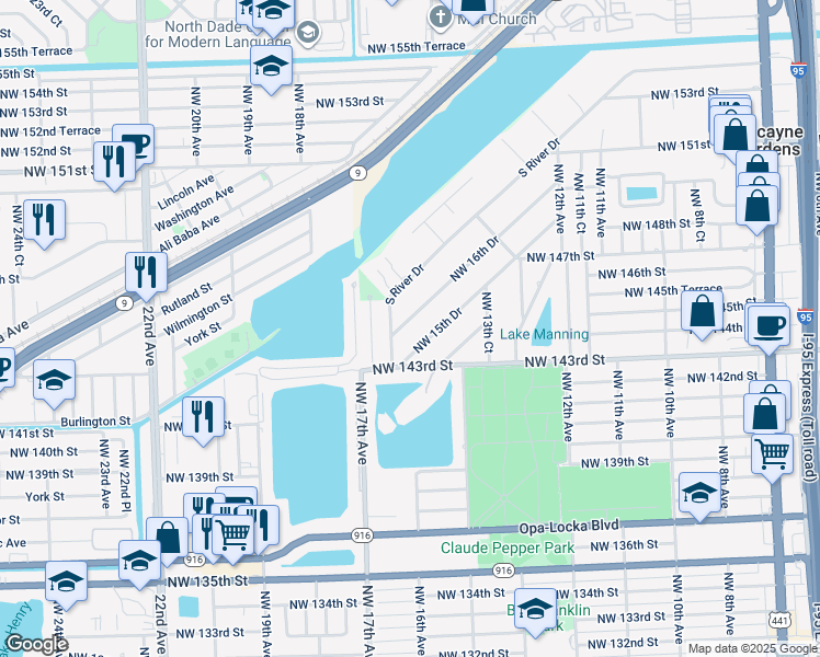 map of restaurants, bars, coffee shops, grocery stores, and more near 14435 Northwest 16th Drive in Miami