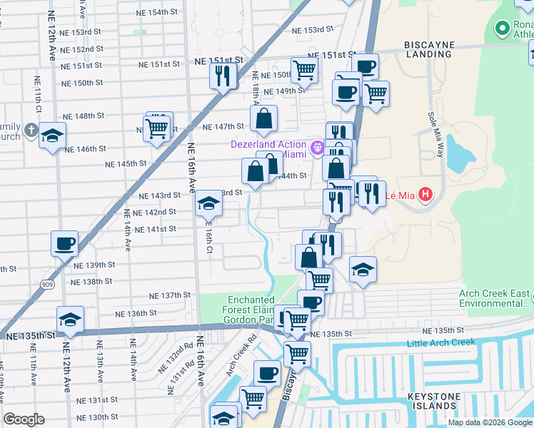 map of restaurants, bars, coffee shops, grocery stores, and more near 14020 Biscayne Boulevard in Miami