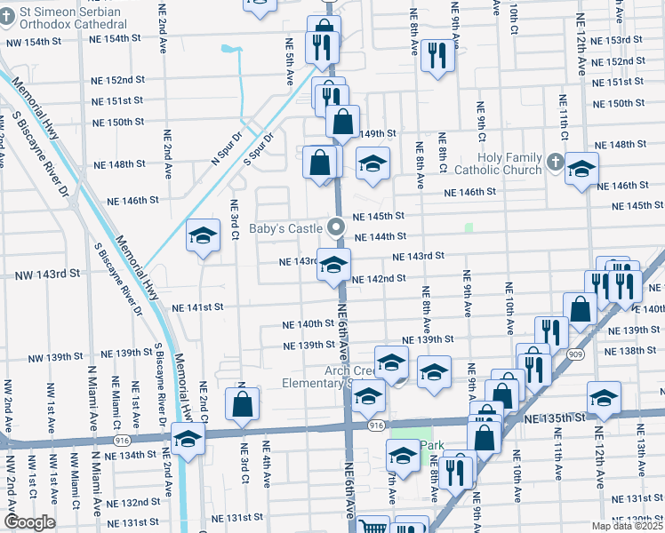 map of restaurants, bars, coffee shops, grocery stores, and more near in North Miami