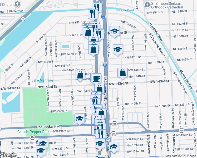 map of restaurants, bars, coffee shops, grocery stores, and more near 670 Northwest 144th Street in North Miami