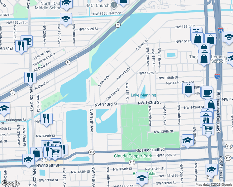 map of restaurants, bars, coffee shops, grocery stores, and more near 14420 Northwest 15th Drive in Miami