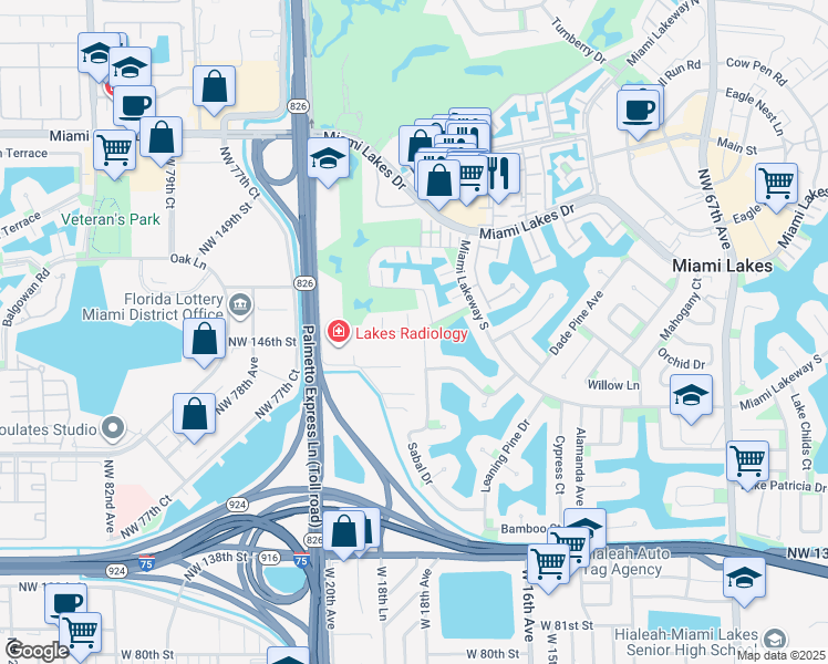 map of restaurants, bars, coffee shops, grocery stores, and more near 7403 Twin Sabal Drive in Miami Lakes