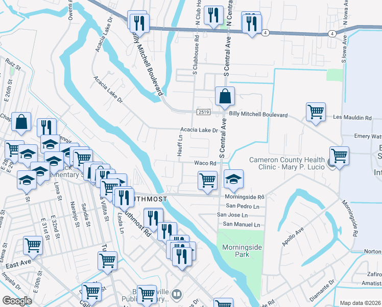 map of restaurants, bars, coffee shops, grocery stores, and more near 125 Leece Drive in Brownsville