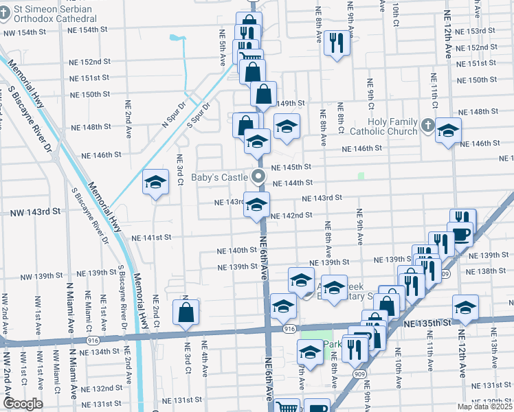 map of restaurants, bars, coffee shops, grocery stores, and more near in North Miami