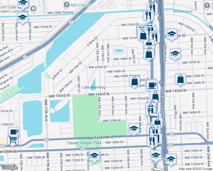 map of restaurants, bars, coffee shops, grocery stores, and more near 14401 Northwest 11th Court in Miami