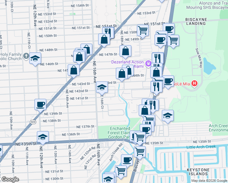 map of restaurants, bars, coffee shops, grocery stores, and more near 1774 Northeast 142nd Street in North Miami
