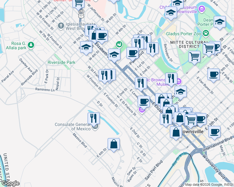 map of restaurants, bars, coffee shops, grocery stores, and more near 135 East Saint Francis Street in Brownsville