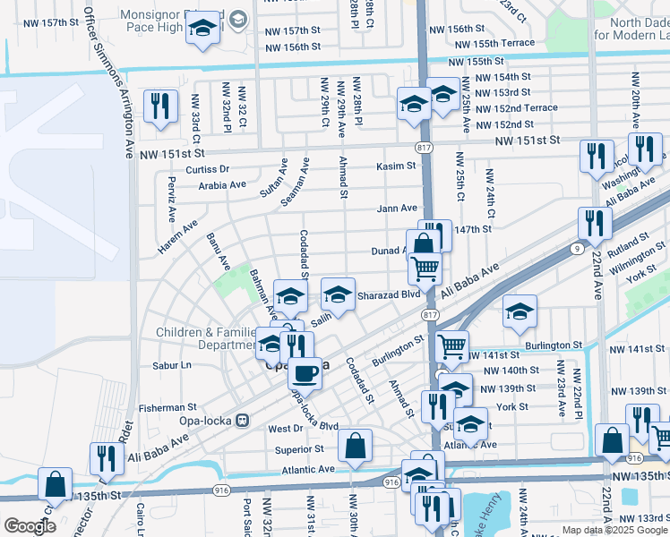 map of restaurants, bars, coffee shops, grocery stores, and more near 1145 Sesame Street in Opa-locka