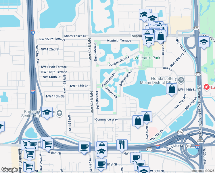 map of restaurants, bars, coffee shops, grocery stores, and more near 8571 Ardoch Road in Miami Lakes