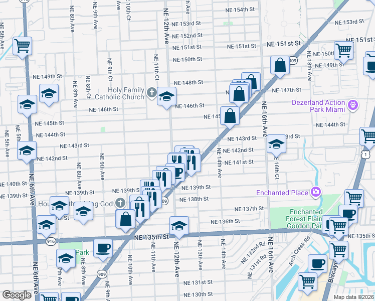 map of restaurants, bars, coffee shops, grocery stores, and more near 1285 Northeast 142nd Street in North Miami