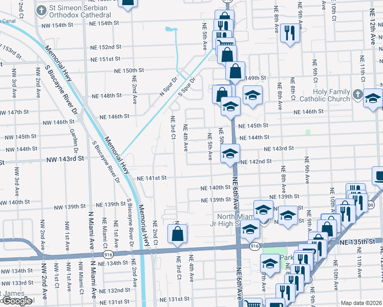 map of restaurants, bars, coffee shops, grocery stores, and more near 14290 Northeast 4th Avenue in Miami
