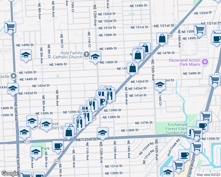 map of restaurants, bars, coffee shops, grocery stores, and more near 1285 Northeast 142nd Street in North Miami