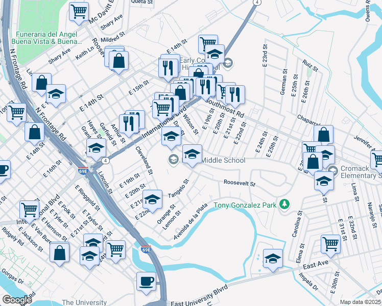 map of restaurants, bars, coffee shops, grocery stores, and more near 2030 Johnson St in Brownsville